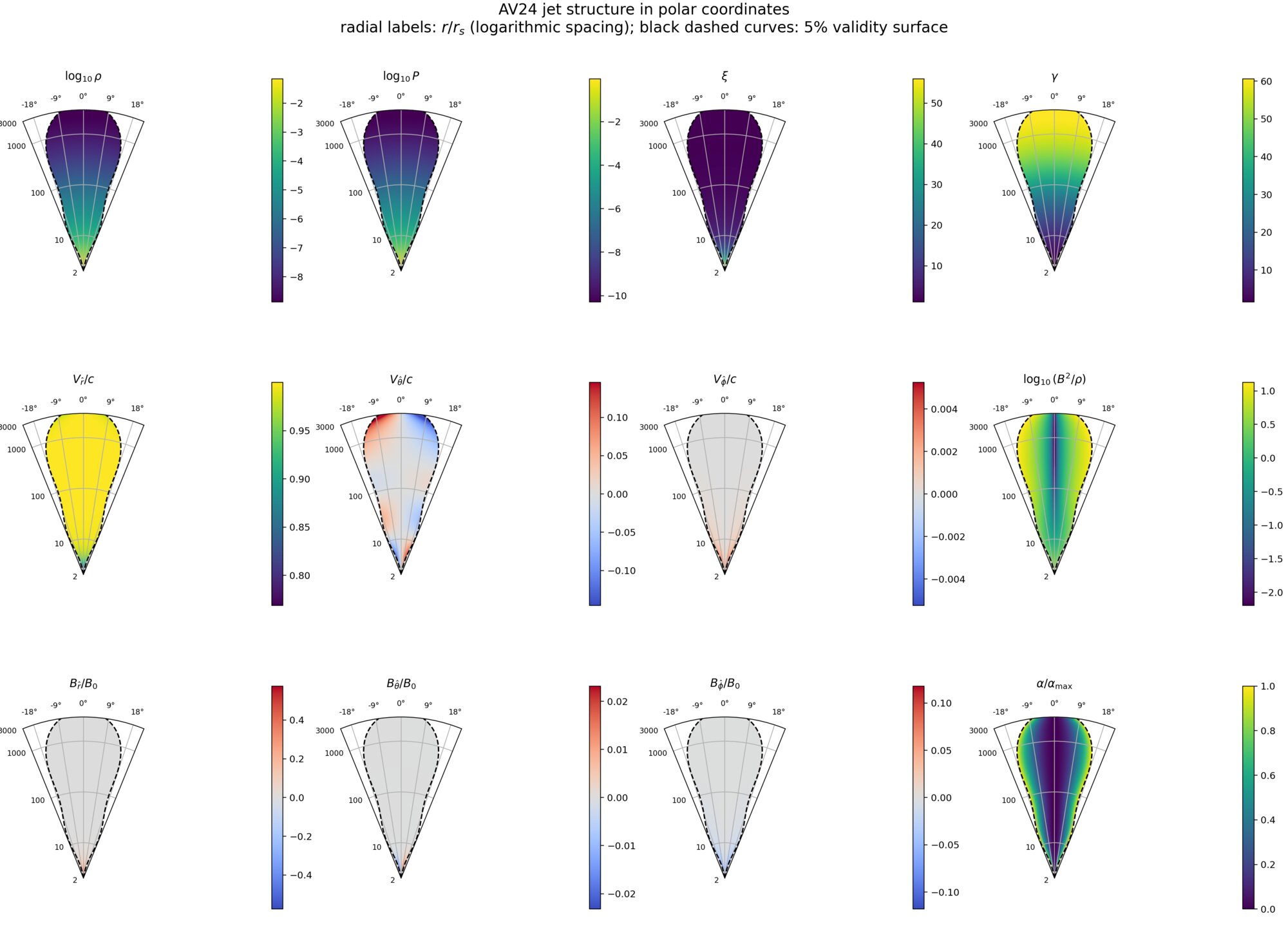 Twelve polar maps of the AV24 jet solution: density, pressure, Lorentz factor, velocities, magnetic field components